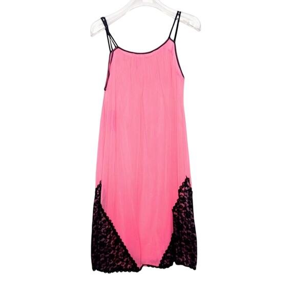 Vintage 60's Bright Pink Nightgown Black Lace Trim Spaghetti Straps Berkliff - Picture 1 of 7